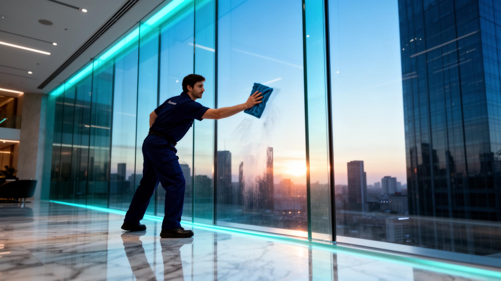 Vetted Crestwell Facilities team cleaning a corporate skyscraper lobby